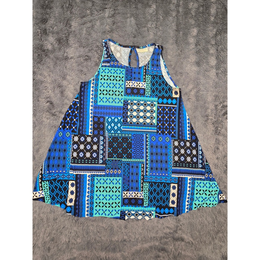 Bobbie‎ Brooks Blue Geometric Patchwork Sleeveless Tank Top Medium Keyhole Back